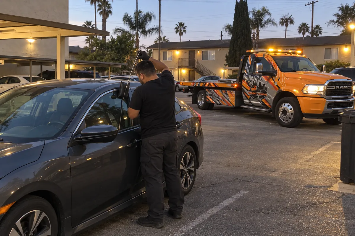Technician opening a locked car with an air wedge in an apartment lot