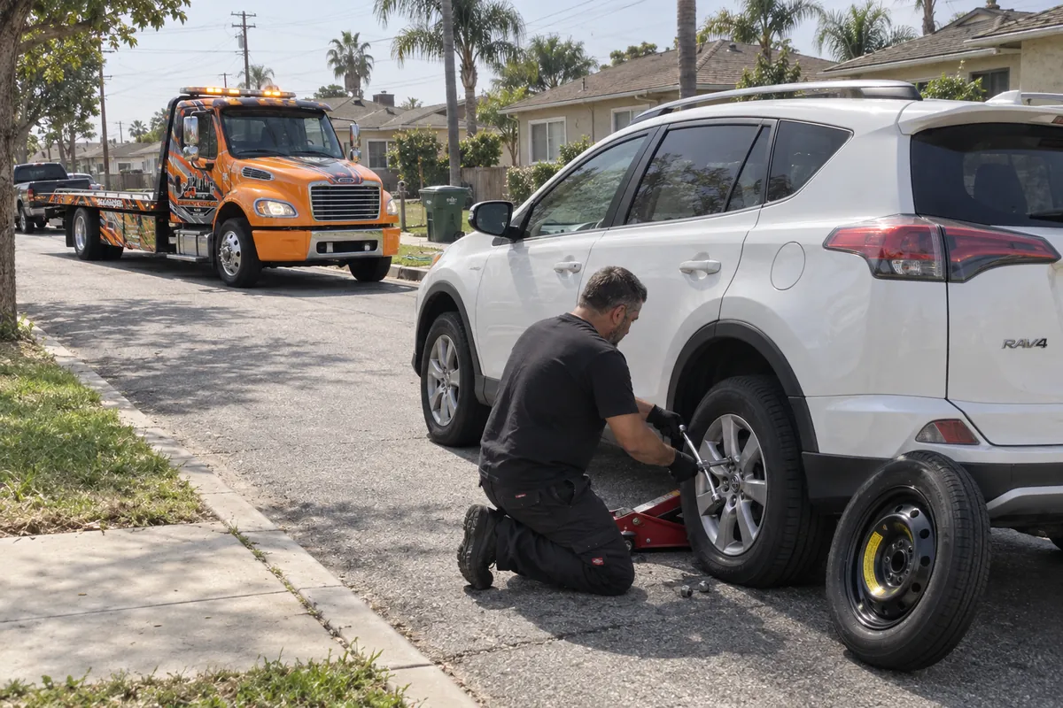 Technician changing a flat tire to the spare beside an orange Urgent Towing truck