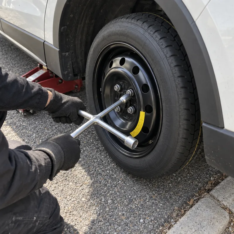 Gloved hands tightening lug nuts on a spare tire