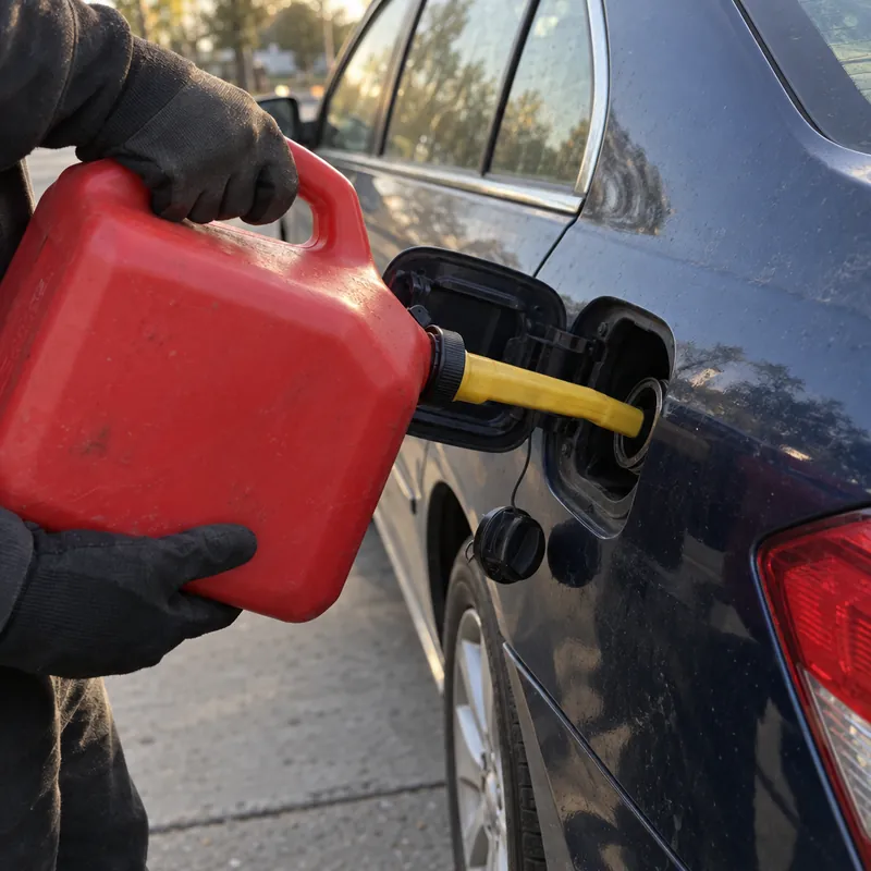 Gloved hands pouring fuel from a red gas can into a car