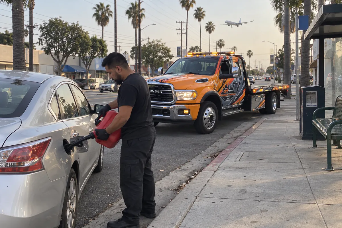 Technician pouring fuel from a gas can into a car beside an Urgent Towing truck