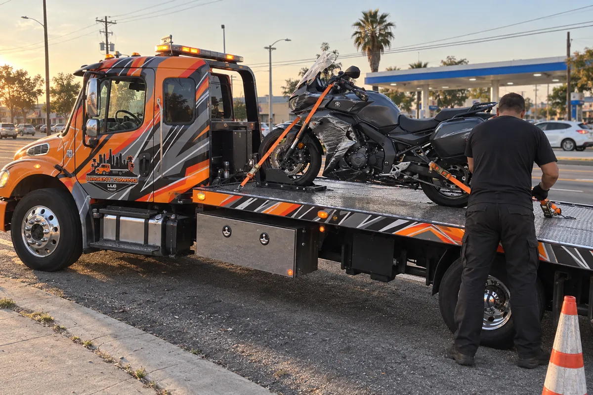 Motorcycle with a scraped fairing strapped onto an orange Urgent Towing flatbed