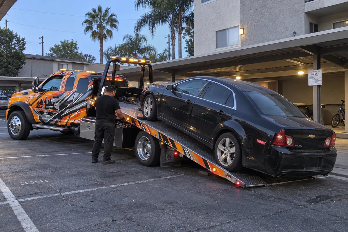 Urgent Towing flatbed removing a car from an apartment carport