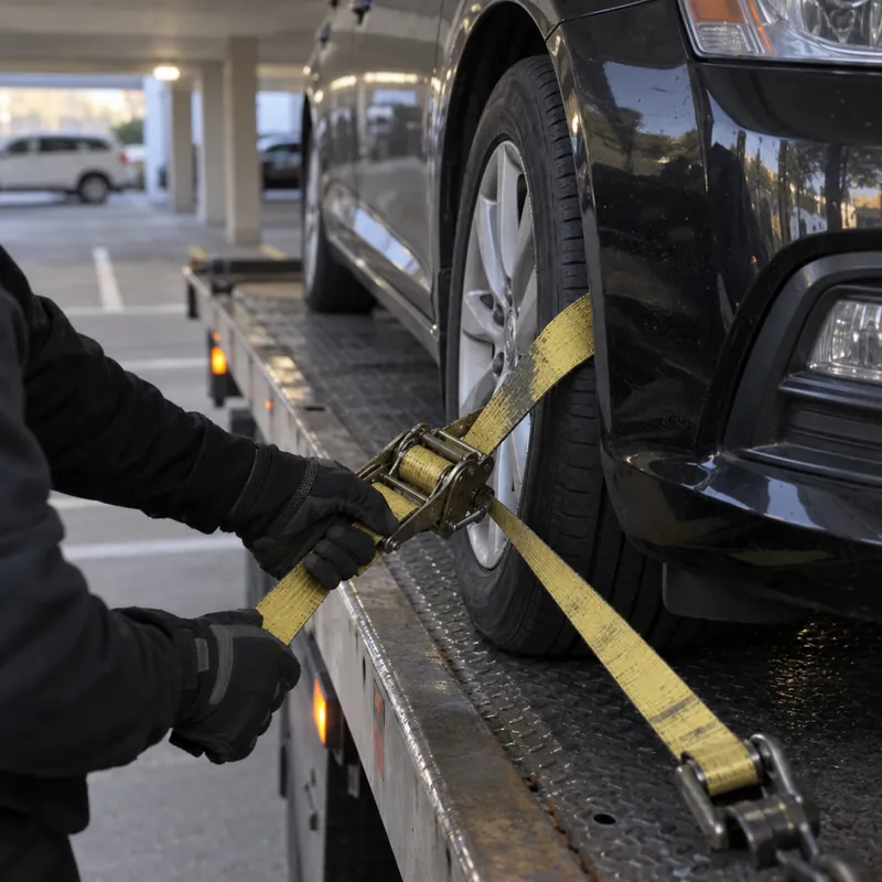 Gloved hands securing a wheel strap on a flatbed in a carport