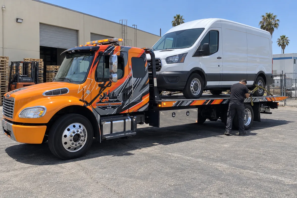 Cargo van on an orange Urgent Towing flatbed