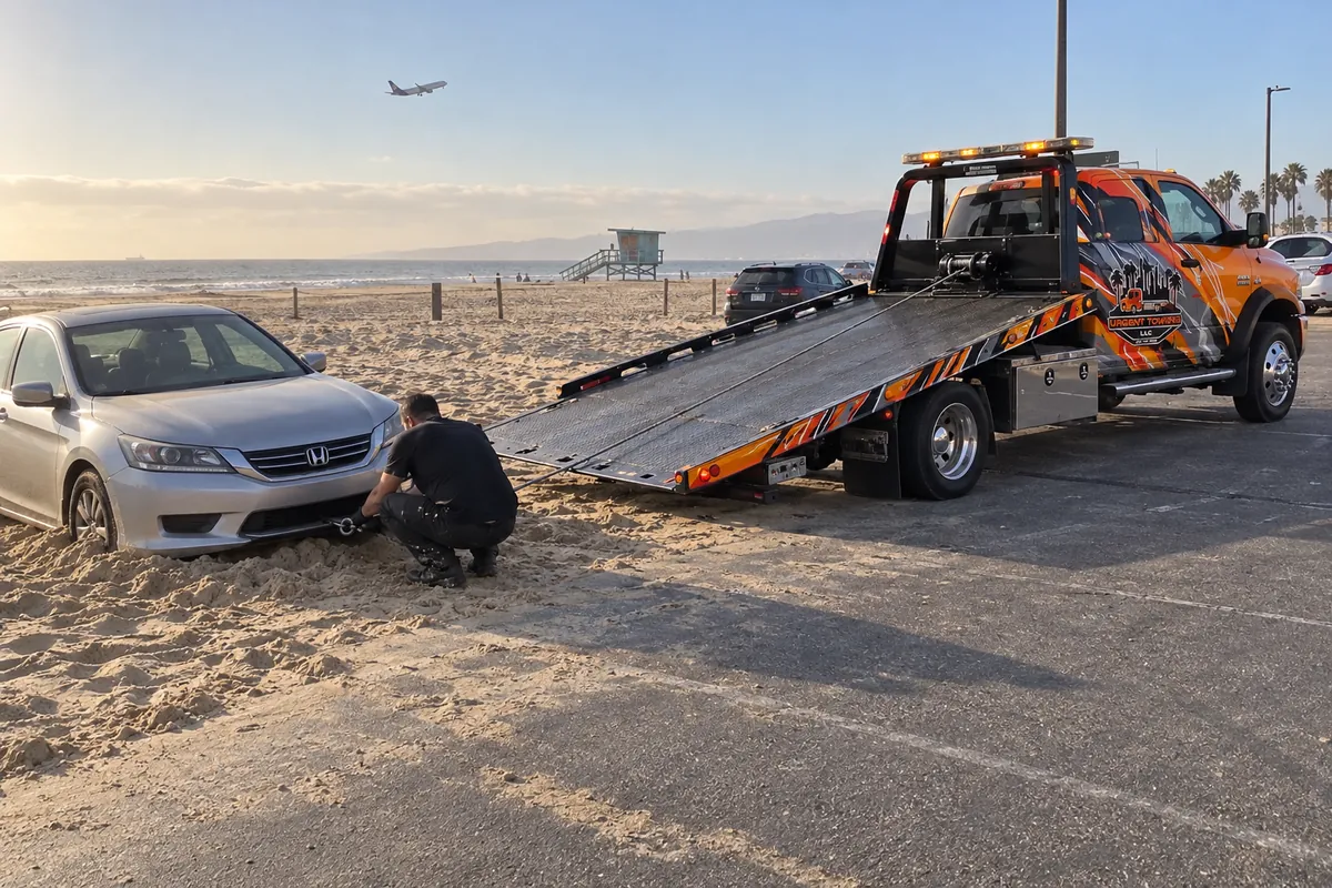 Winch line pulling a car stuck in sand toward an Urgent Towing flatbed